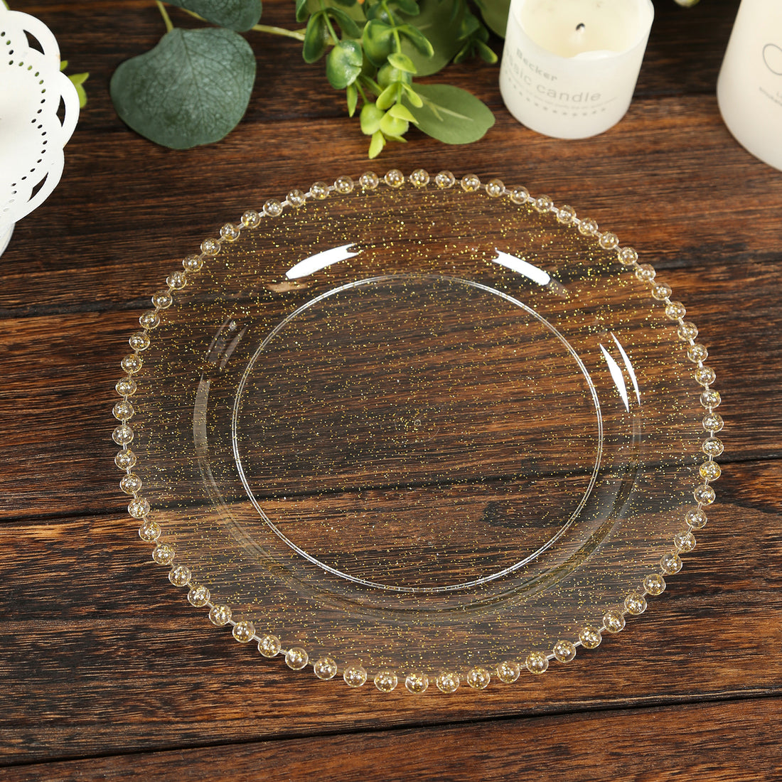 10 Pack Plastic Dessert Appetizer Plates in Clear Gold Glittered with Gold Beaded Rim