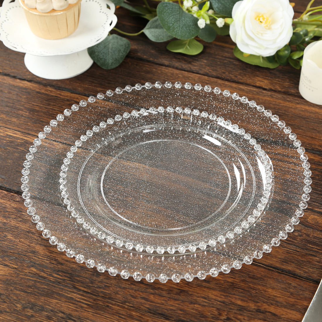 10 Pack Plastic Dessert Appetizer Plates in Clear Silver Glittered with Silver Beaded Rim