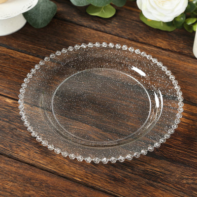 10 Pack Plastic Dessert Appetizer Plates in Clear Silver Glittered with Beaded Rim, Disposable Round Salad Party Plates 8"