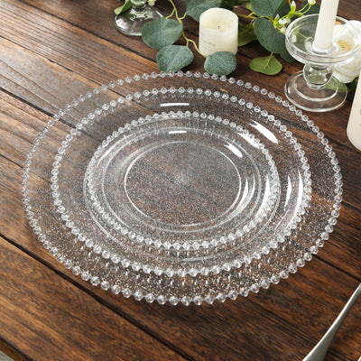 10 Pack Plastic Dessert Appetizer Plates in Clear Silver Glittered with Beaded Rim, Disposable Round Salad Party Plates 8"