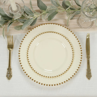 10 Pack Plastic Dessert Appetizer Plates in Ivory with Gold Beaded Rim, Disposable Round Salad Party Plates 8"