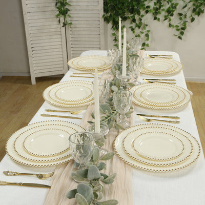 10 Pack Plastic Dessert Appetizer Plates in Ivory with Gold Beaded Rim, Disposable Round Salad Party Plates 8"