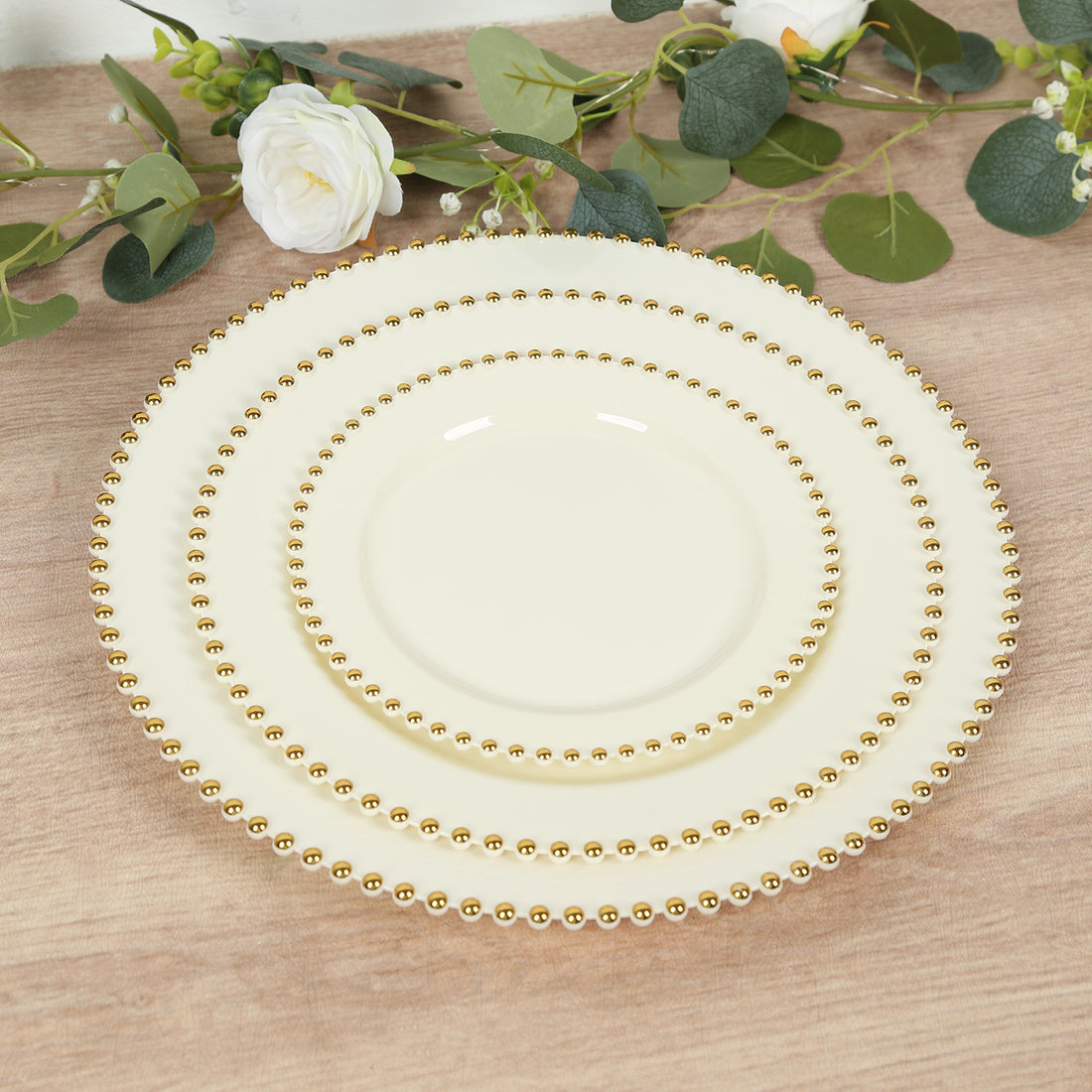 10 Pack Plastic Dessert Appetizer Plates in Ivory with Gold Beaded Rim, Disposable
