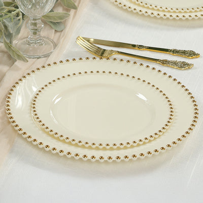 10 Pack Plastic Dessert Appetizer Plates in Ivory with Gold Beaded Rim, Disposable Round Salad Party Plates 8"