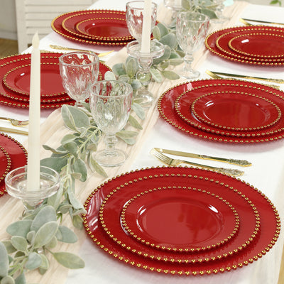 10 Pack Plastic Dessert Appetizer Plates in Red with Gold Beaded Rim, Disposable Round Salad Party Plates 8"