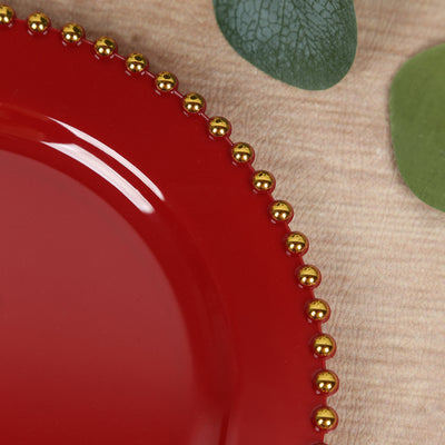 10 Pack Plastic Dessert Appetizer Plates in Red with Gold Beaded Rim, Disposable Round Salad Party Plates 8"