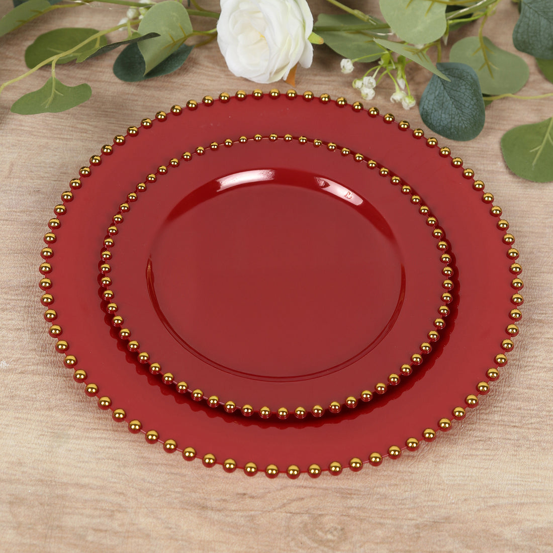 10 Pack Plastic Dessert Appetizer Plates in Red with Gold Beaded Rim, Disposable Round Salad