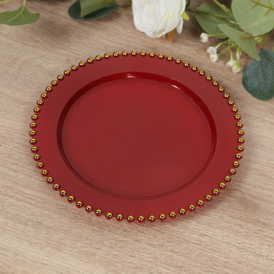 10 Pack Plastic Dessert Appetizer Plates in Red with Gold Beaded Rim, Disposable Round Salad Party Plates 8"