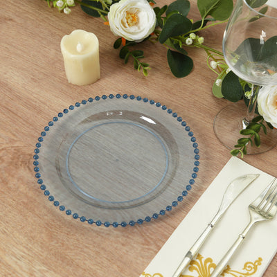 10-Pack Plastic Dessert Appetizer Plates in Transparent Dusty Blue with Beaded Rim, Disposable Round Salad Party Plates 8"