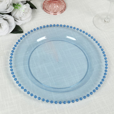 10-Pack Plastic Dessert Appetizer Plates in Transparent Dusty Blue with Beaded Rim, Disposable Round Salad Party Plates 8"
