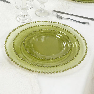 10-Pack Plastic Dessert Appetizer Plates in Transparent Dusty Sage Green with Beaded Rim, Disposable Round Salad Party Plates 8"