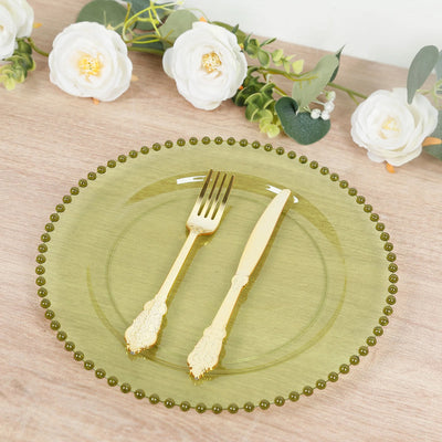 10-Pack Plastic Dessert Appetizer Plates in Transparent Dusty Sage Green with Beaded Rim, Disposable Round Salad Party Plates 8"