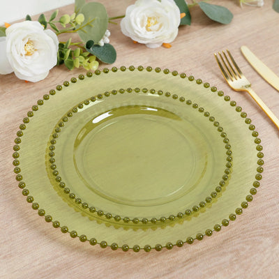 10-Pack Plastic Dessert Appetizer Plates in Transparent Dusty Sage Green with Beaded Rim, Disposable Round Salad Party Plates 8"