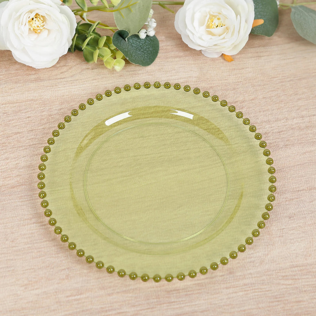 10-Pack Plastic Dessert Appetizer Plates in Transparent Dusty Sage Green with Beaded Rim, Disposable