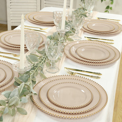 10 Pack Plastic Dessert Appetizer Plates in Taupe with Gold Beaded Rim, Disposable Round Salad Party Plates 8"