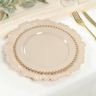 10 Pack Plastic Dessert Appetizer Plates in Taupe with Gold Beaded Rim, Disposable Round Salad Party Plates 8"