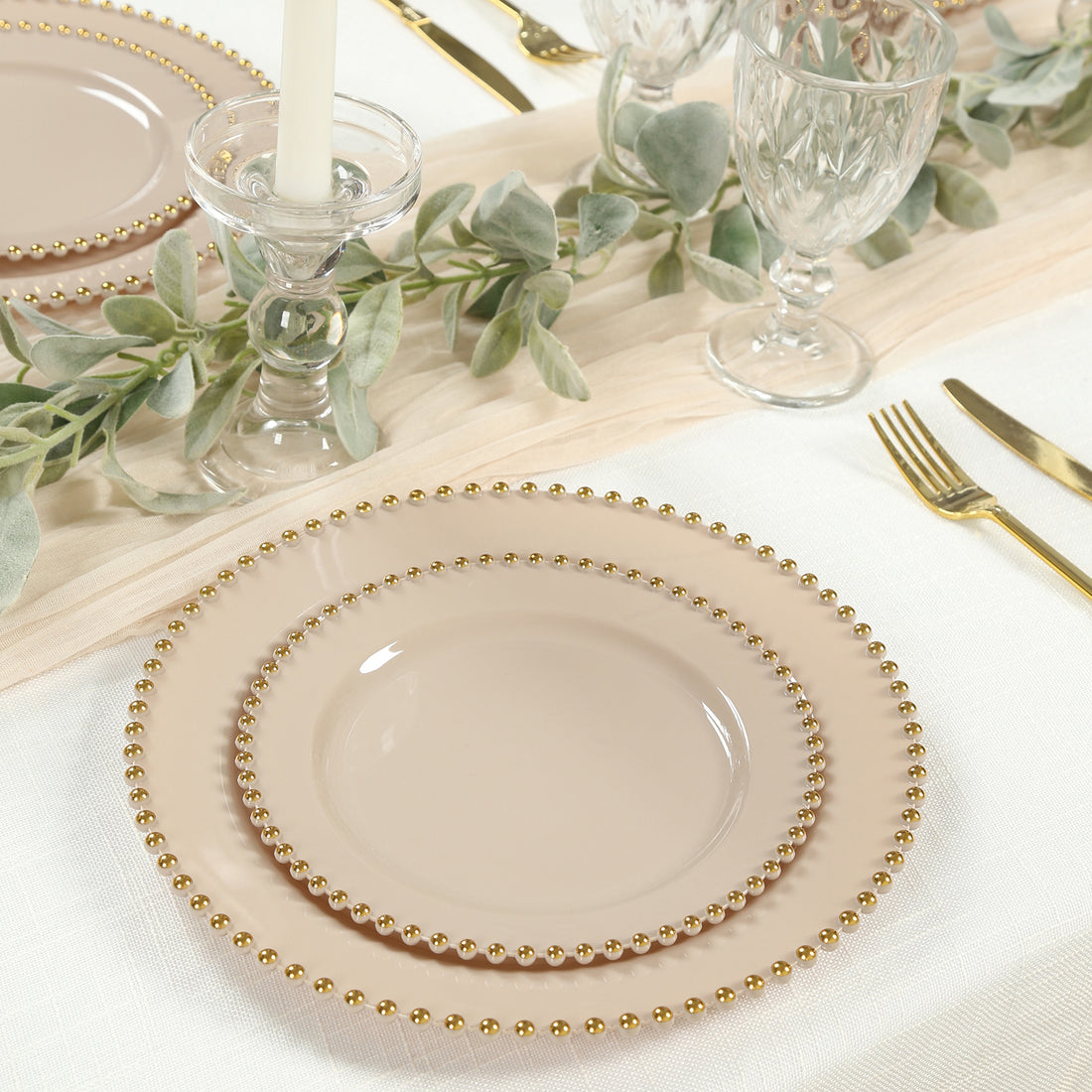 10 Pack Plastic Dessert Appetizer Plates in Taupe with Gold Beaded Rim, Disposable Round