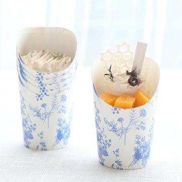 50 Pack White Blue Paper Popcorn Box Cone Cups with French Toile Floral Pattern, Disposable Appetizer Snack Cups - 14oz