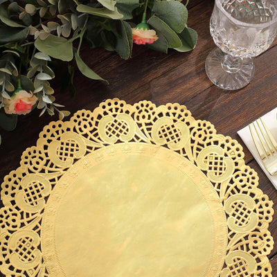 50 Pcs Paper Round Placemats 12" Gold - Food Grade Lace Paper Doilies for Desserts, Crafts & Table Decor
