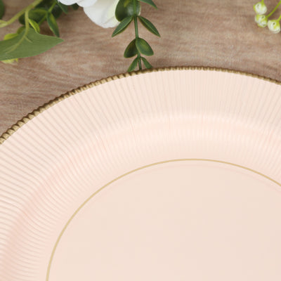 25-Pack Paper Round Dinner Plates 10" Blush Sunray Design with Gold Rim - 350GSM Heavy Duty Disposable Party Plates