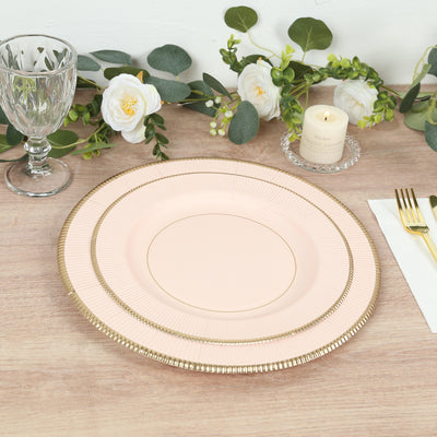 25-Pack Paper Round Dinner Plates 10" Blush Sunray Design with Gold Rim - 350GSM Heavy Duty Disposable Party Plates