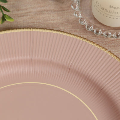 25-Pack Paper Round Dinner Plates 10" Dusty Rose Sunray Design with Gold Rim - 350GSM Heavy Duty Disposable Party Plates