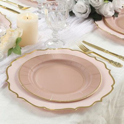 25-Pack Paper Round Dinner Plates 10" Dusty Rose Sunray Design with Gold Rim - 350GSM Heavy Duty Disposable Party Plates