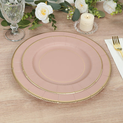 25-Pack Paper Round Dinner Plates 10" Dusty Rose Sunray Design with Gold Rim - 350GSM Heavy Duty Disposable Party Plates