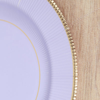 25-Pack Paper Round Dinner Plates 10" Lavender Lilac Sunray Design with Gold Rim - 350GSM Heavy Duty Disposable Party Plates
