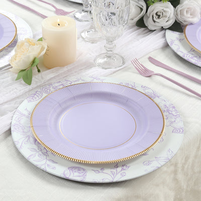 25-Pack Paper Round Dinner Plates 10" Lavender Lilac Sunray Design with Gold Rim - 350GSM Heavy Duty Disposable Party Plates