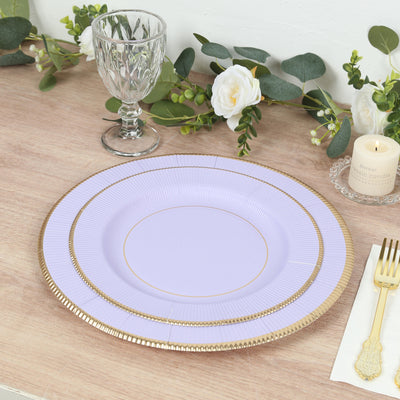25-Pack Paper Round Dinner Plates 10" Lavender Lilac Sunray Design with Gold Rim - 350GSM Heavy Duty Disposable Party Plates