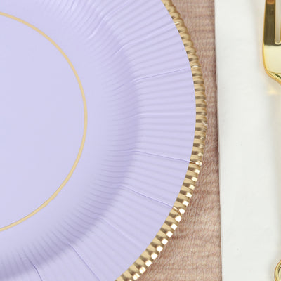 25-Pack Paper Round Dessert Plates 8" Lavender Lilac Sunray Design with Gold Rim - 350GSM Heavy Duty Disposable Appetizer Salad Plates