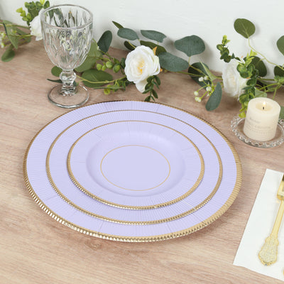 25-Pack Paper Round Dessert Plates 8" Lavender Lilac Sunray Design with Gold Rim - 350GSM Heavy Duty Disposable Appetizer Salad Plates