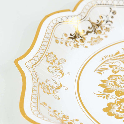 25-Pack Paper Dinner Plates 10" White Gold Damask Floral Print & Scallop Rim - 300GSM Disposable Floral Party Plates