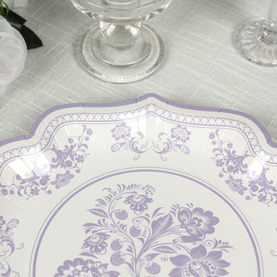 25-Pack Paper Dinner Plates 10" White Lavender Lilac Damask Floral Print & Scallop Rim - 300GSM Disposable Floral Party Plates