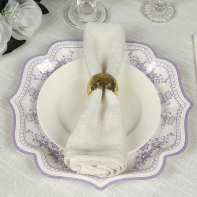 25-Pack Paper Dinner Plates 10" White Lavender Lilac Damask Floral Print & Scallop Rim - 300GSM Disposable Floral Party Plates