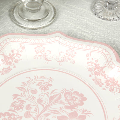 25-Pack Paper Dessert Plates 8" White with Pink Damask Floral Print & Scallop Rim - 300GSM Disposable Floral Salad Appetizer Plates