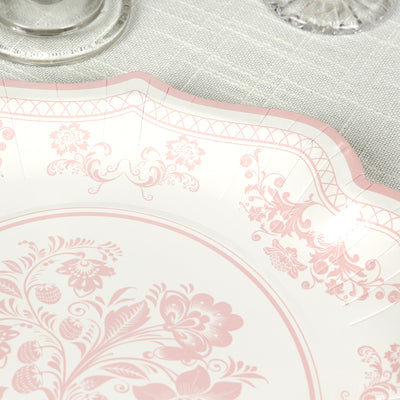 25-Pack Paper Dinner Plates 10" White Pink Damask Floral Pattern & Scallop Rim - 300GSM Disposable Floral Party Plates