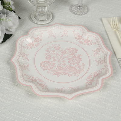 25-Pack Paper Dessert Plates 8" White with Pink Damask Floral Print & Scallop Rim - 300GSM Disposable Floral Salad Appetizer Plates