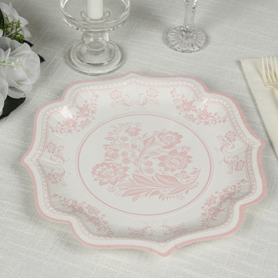 25-Pack Paper Dinner Plates 10" White Pink Damask Floral Pattern & Scallop Rim - 300GSM Disposable Floral Party Plates