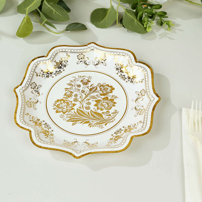 25-Pack Paper Dessert Plates 8" White with Gold Damask Floral Print & Scallop Rim - 300GSM Disposable Floral Salad Appetizer Plates for Chic Weddings & Special Occasions