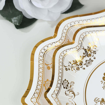 25-Pack Paper Dessert Plates 8" White with Gold Damask Floral Print & Scallop Rim - 300GSM Disposable Floral Salad Appetizer Plates for Chic Weddings & Special Occasions
