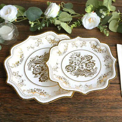 25-Pack Paper Dessert Plates 8" White with Gold Damask Floral Print & Scallop Rim - 300GSM Disposable Floral Salad Appetizer Plates for Chic Weddings & Special Occasions