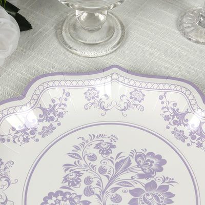 25-Pack Paper Dessert Plates 8" White with Lavender Lilac Damask Floral Print & Scallop Rim - 300GSM Disposable Floral Salad Appetizer Plates