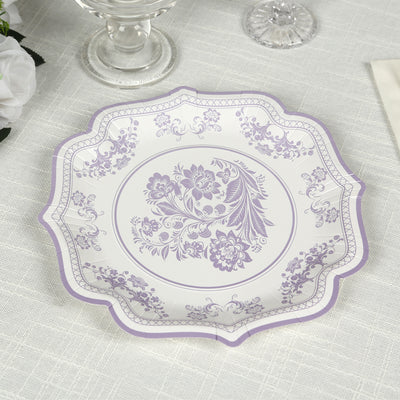 25-Pack Paper Dessert Plates 8" White with Lavender Lilac Damask Floral Print & Scallop Rim - 300GSM Disposable Floral Salad Appetizer Plates
