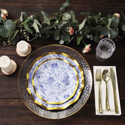 25-Pack Paper Round Dinner Plates 10" White Blue French Toile Floral Pattern with Gold Wavy Rim - 350GSM Disposable Party Plates