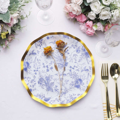 25-Pack Paper Round Dinner Plates 10" White Blue French Toile Floral Pattern with Gold Wavy Rim - 350GSM Disposable Party Plates