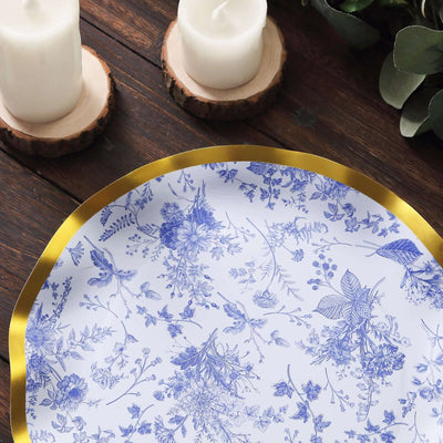 25-Pack Paper Round Dinner Plates 10" White Blue French Toile Floral Pattern with Gold Wavy Rim - 350GSM Disposable Party Plates
