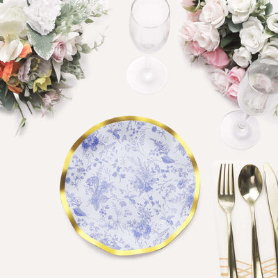 25-Pack Paper Round Dessert Plates 8" White Blue French Toile Floral Pattern with Gold Wavy Rim - 350GSM Disposable Salad Party Plates