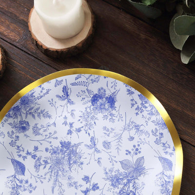 25-Pack Paper Round Dessert Plates 8" White Blue French Toile Floral Pattern with Gold Wavy Rim - 350GSM Disposable Salad Party Plates
